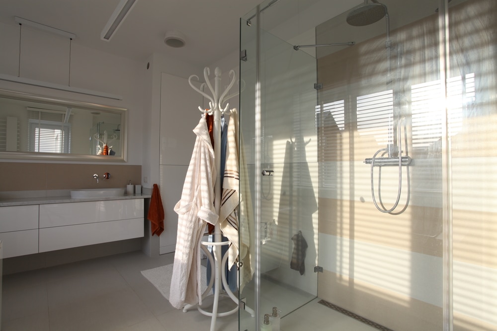 Bright walk-in shower with glass walls for accessible remodeling